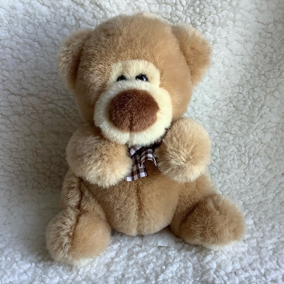 GUND 1993 Plush Tan Sitting Bear w Big Nose and Bow Stuffed Animal Toy - Picture 1 of 6